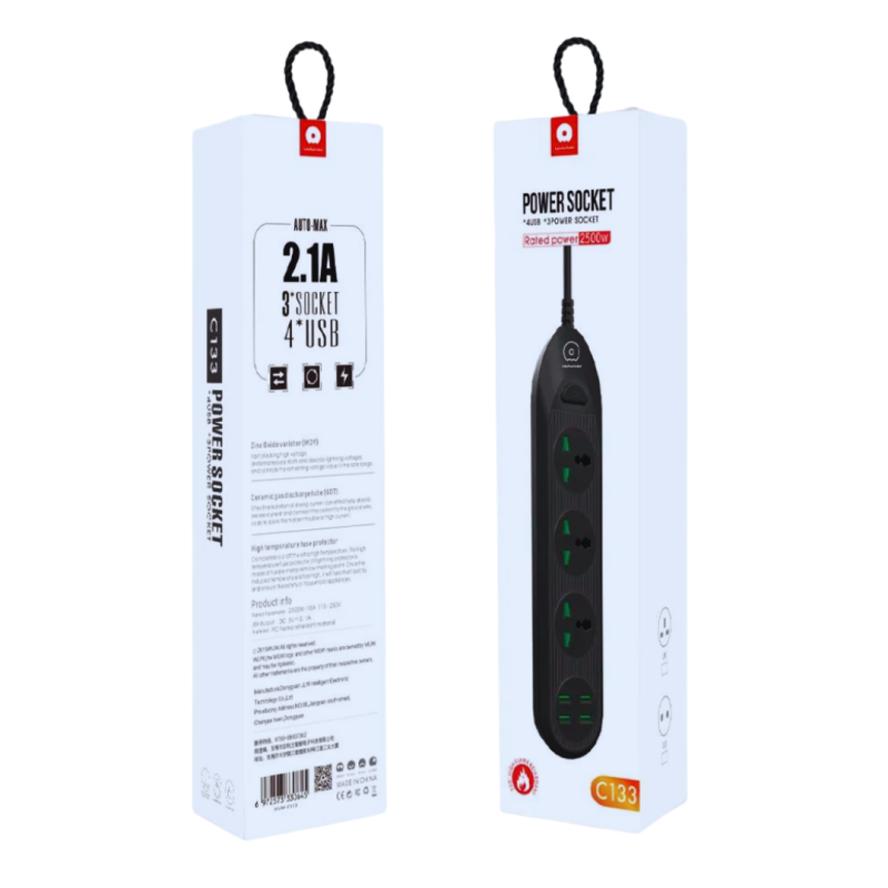 Bloc Multiprise WUW C133 3 Prises avec 4 USB EU/UK 2M — Accessoire · Smarty Paris 18e